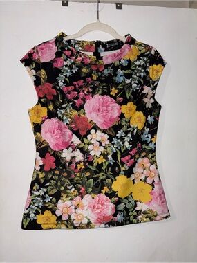 Floral Cap-Sleeve Tee in Black with Pink & Yellow Blooms